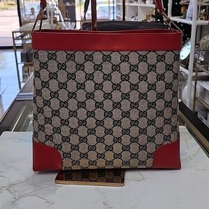 AUTHENTIC! Vintage Gucci GG Red Leather and Canvas Shoulder Bag
